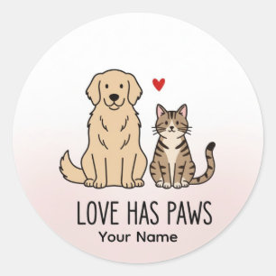 Love Has Paws   Cute Minimalist Dog and Cat Illust Classic Round Sticker