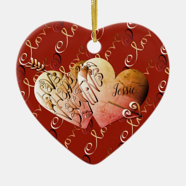 Love"Have a Happy Valentine's Day" Hearts    Ceramic Tree Decoration (Front)