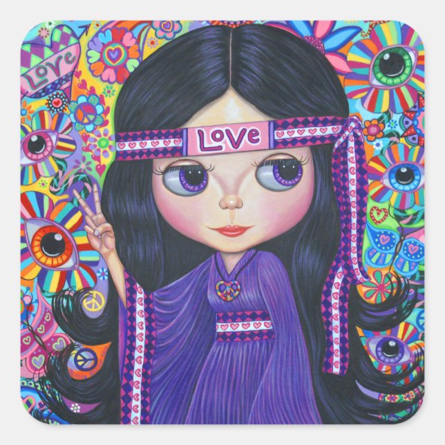 Love Headband Hippie Girl Doll Psychedelic Purple Square Sticker (Front)