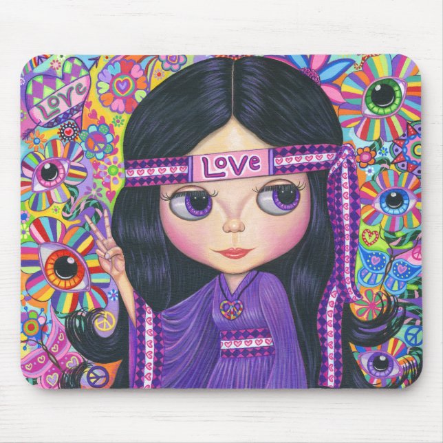 Love Headband Hippie Girl Doll Purple Psychedelic Mouse Mat (Front)