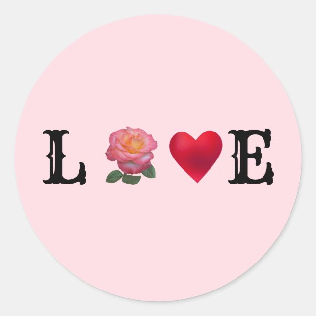 Love heart and pink rose flower classic round sticker (Front)