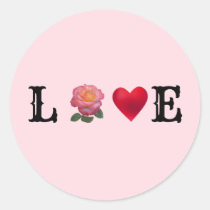 Love heart and pink rose flower classic round sticker
