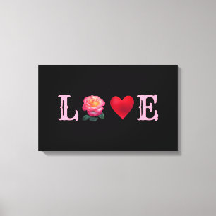 Love Heart and Rose Flower on Black Canvas Print