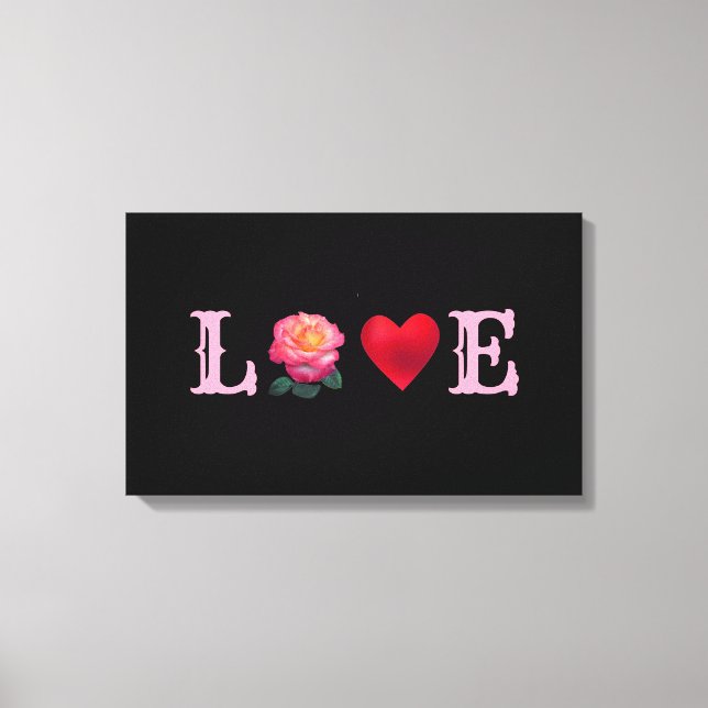 Love Heart and Rose Flower on Black Canvas Print (Front)