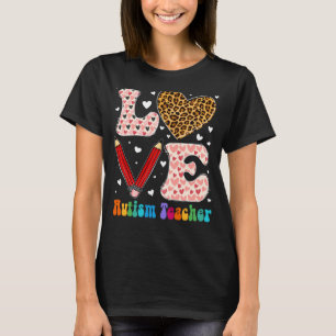 Love Heart Autism Teacher Leopard Plaid Red Valent T-Shirt