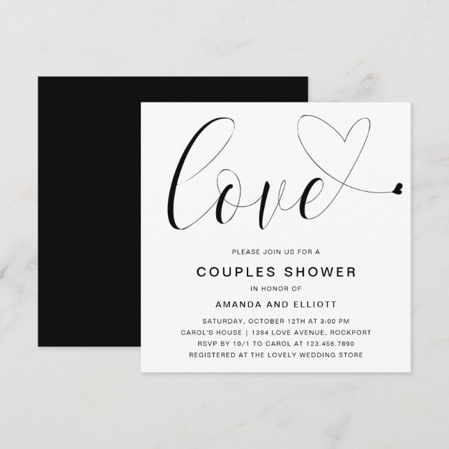 Love Heart Black and White Modern Couples Shower Invitation (Front/Back)
