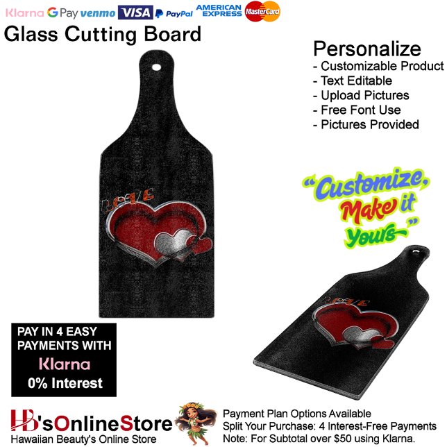 Love Heart Black Kitchen Cooking Glass  Cutting Board (Love Heart Black Cooking Kitchen Glass Cutting Board.)