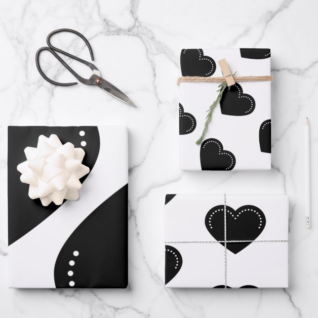 Love Heart Black Valentine's Wrapping Paper Sheets (Front)