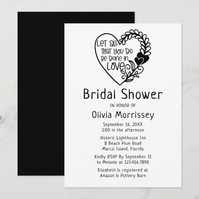 Love Heart Black White Typography Bridal Shower Invitation (Front/Back)