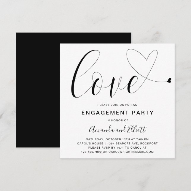 Love Heart Black White Typography Engagement Party Invitation (Front/Back)