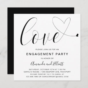Love Heart Black White Typography Engagement Party Invitation