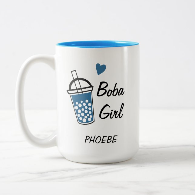Love Heart Boba Girl Custom Personalised Novelty Two-Tone Coffee Mug (Left)