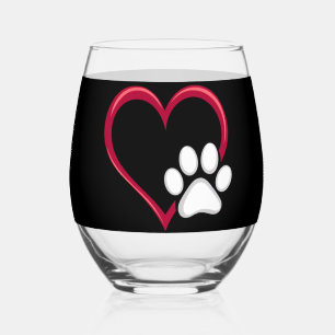 Love Heart Dog Paw Valentine's Day Dog Lover Stemless Wine Glass