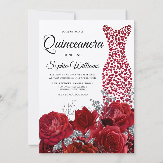 Love Heart Dress Red Roses Quinceanera Party Invitation (Front)