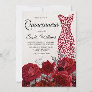 Love Heart Dress Red Roses Quinceanera Party Invitation