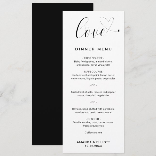 Love Heart Elegant Wedding Menu (Front/Back)
