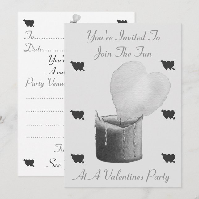 love heart flame and candle black and grey party invitation (Front/Back)
