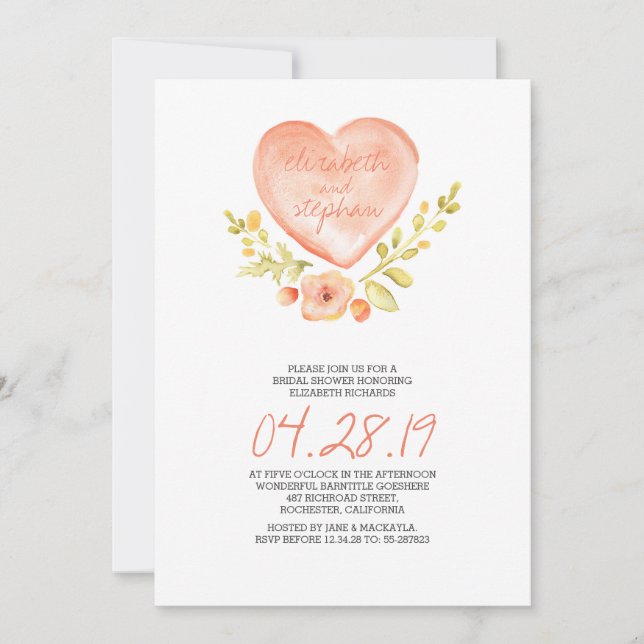 love heart flowers watercolor bridal shower invitation (Front)