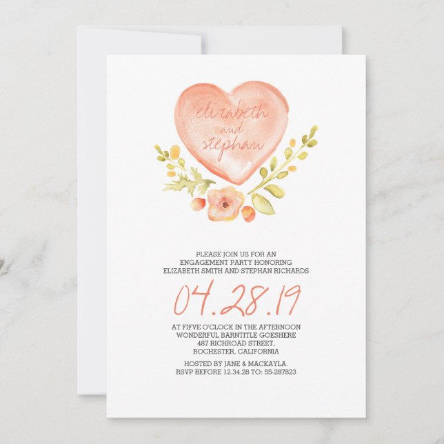 love heart flowers watercolor engagement party invitation (Front)