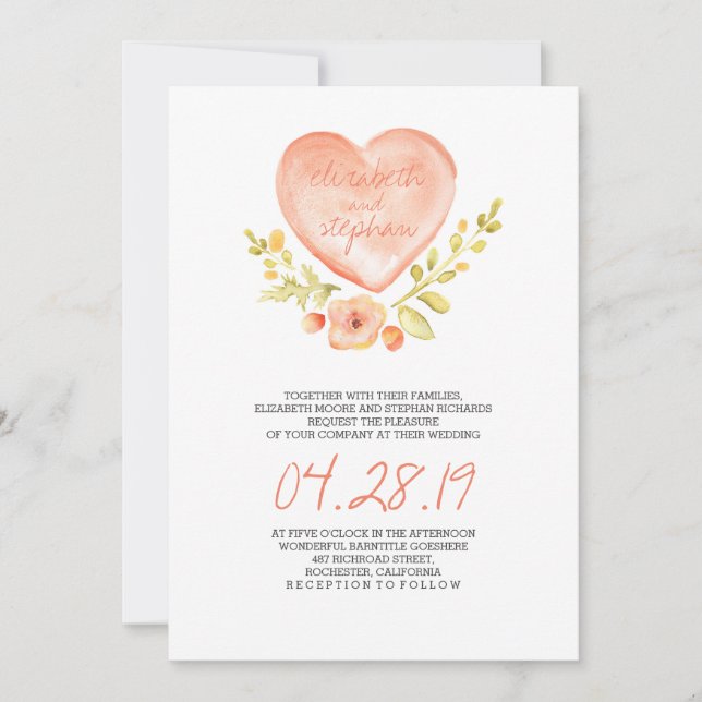 love heart flowers watercolor wedding invitation (Front)