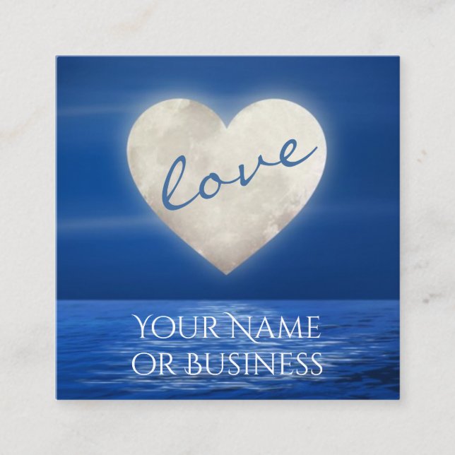 love Heart Full Moon over Water Beach Square Business Card (Front)