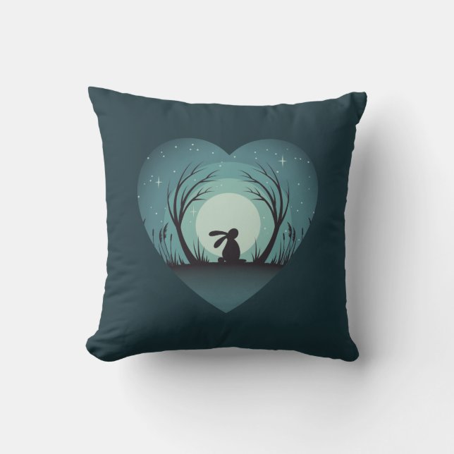 Love Heart Hare, Rabbit Silhouette In Moonlight Cushion (Front)