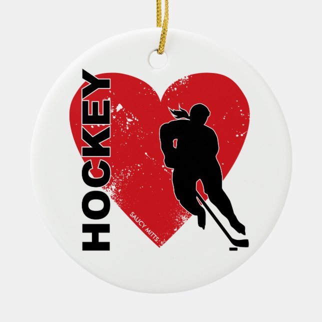Love Heart Hockey Ceramic Tree Decoration (Front)