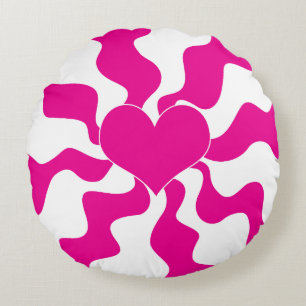 Love Heart in Magenta and White Round Cushion