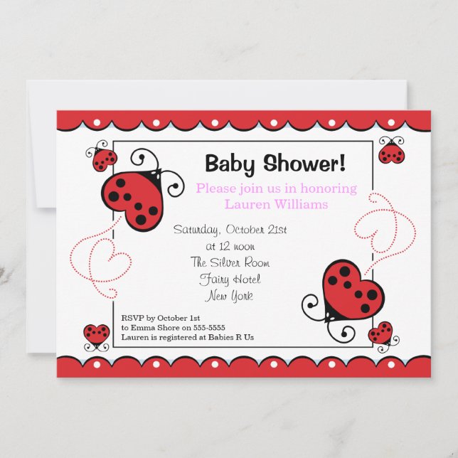 Love Heart Ladybug Baby Shower Invitations Girl (Front)