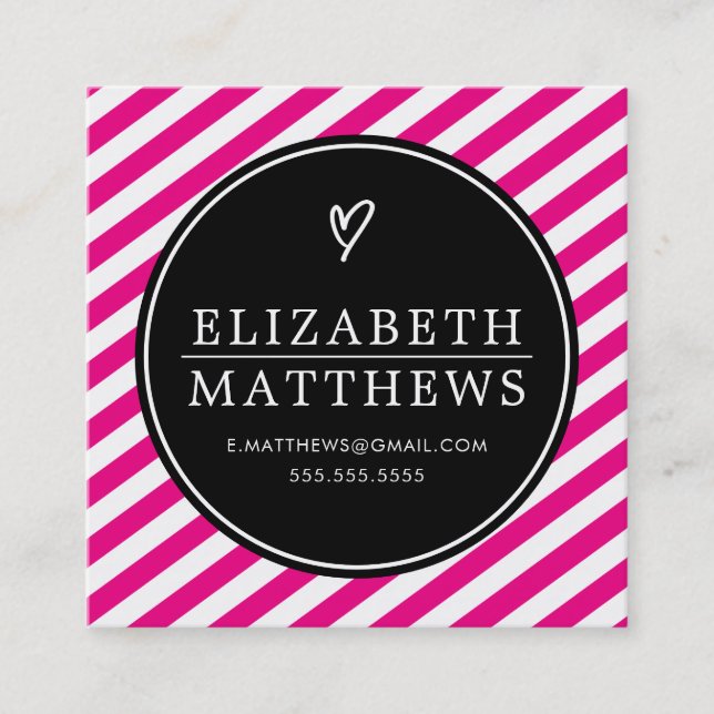 LOVE HEART minimalist personal black hot pink Square Business Card (Front)