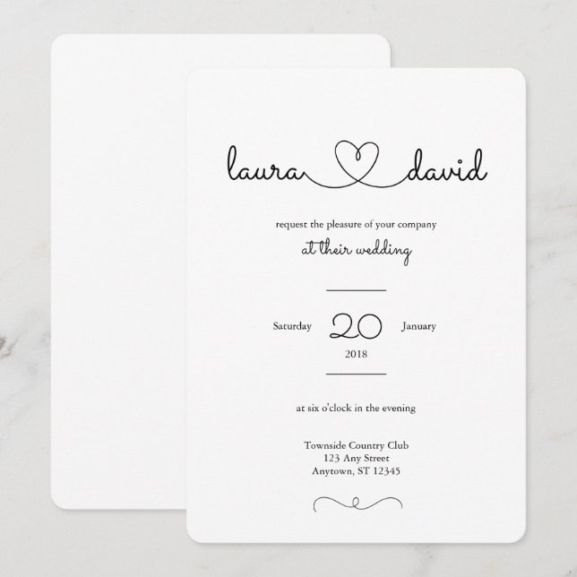 Love Heart Modern Black & White Wedding Invitation (Front/Back)