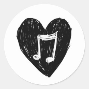 Love Heart Musical Note Doodle Black on White Classic Round Sticker