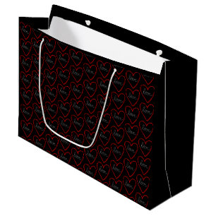 Love heart pattern on black large gift bag