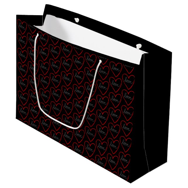 Love heart pattern on black large gift bag (Front Angled)