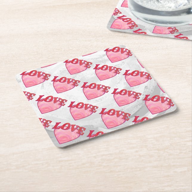 Love Heart Pattern Square Paper Coaster (Angled)