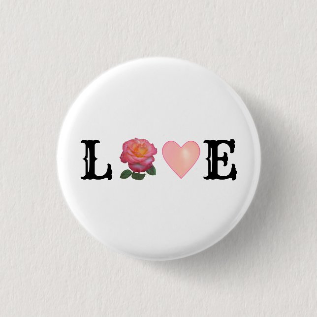 Love Heart & Pink Rose Flower 3 Cm Round Badge (Front)