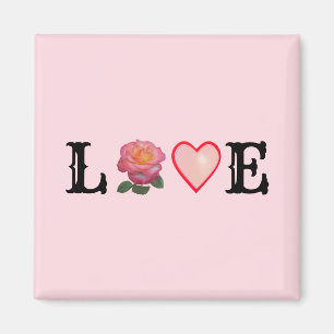 Love Heart & Pink Rose Flower Magnet
