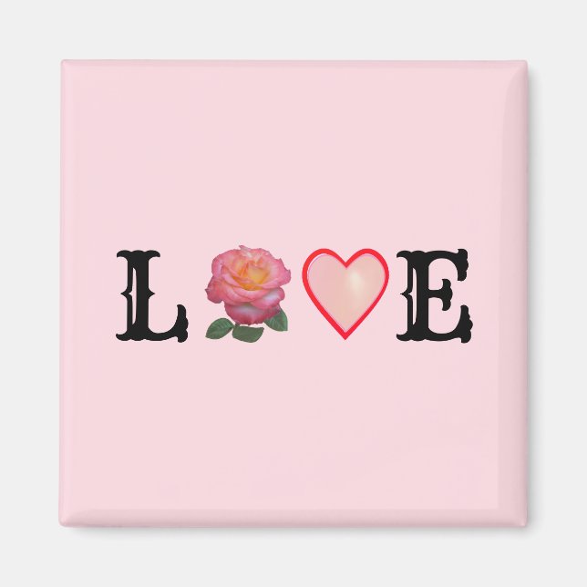 Love Heart & Pink Rose Flower Magnet (Front)