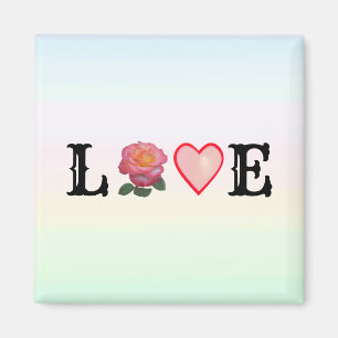 Love Heart & Pink Rose Flower on Pastel Colors Magnet