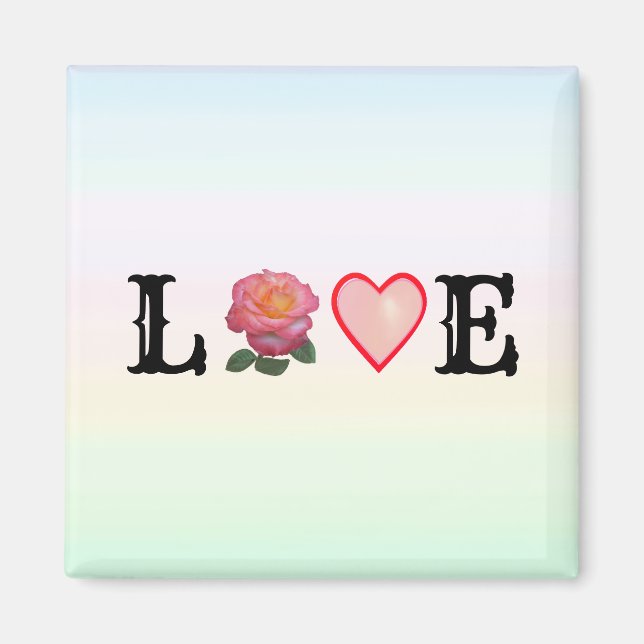 Love Heart & Pink Rose Flower on Pastel Colors Magnet (Front)
