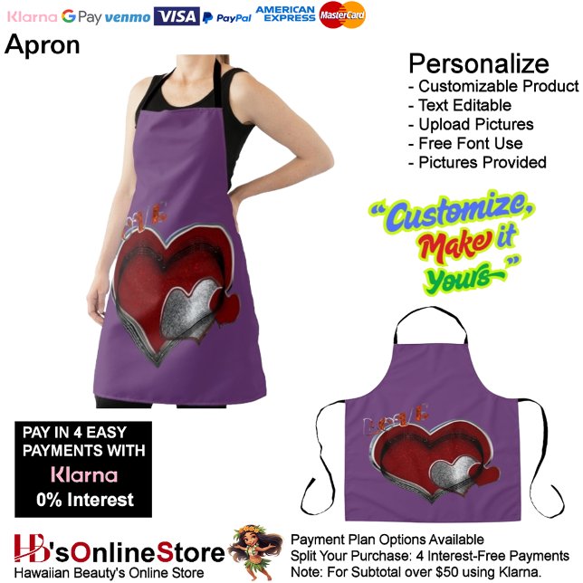 Love Heart Purple Kitchen Cooking Mess Free Large  Apron (Love Heart Purple Kitchen Cooking Mess Free Large Apron.)