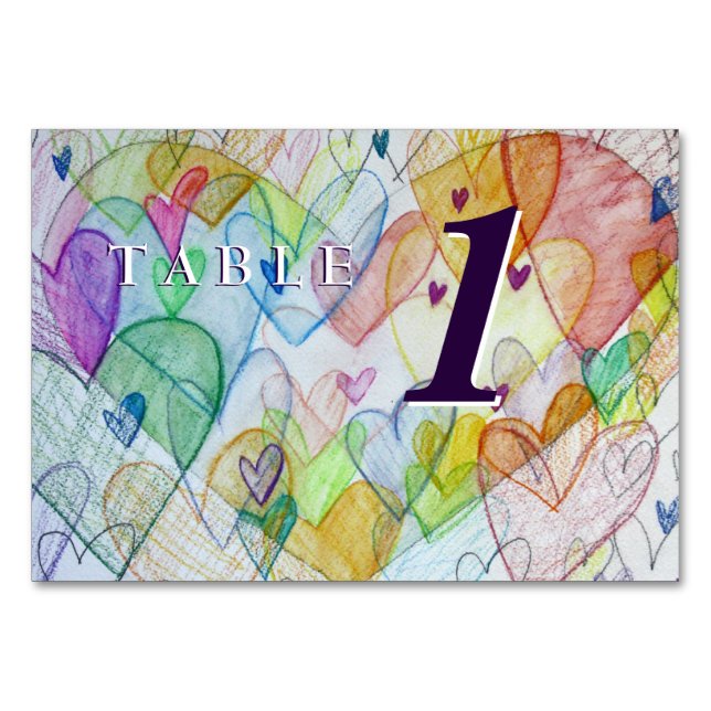 Love Heart Rainbow Custom Table Number Cards (Front)