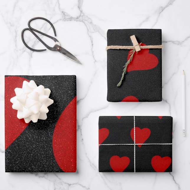Love Heart Red Glitter Valentine's Wrapping Paper Sheet (Front)