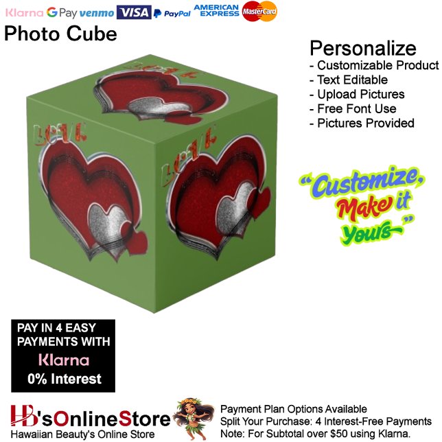 Love Heart Red Silver with Green Background Cube (Love Heart Red Silver with Green Background Cube.)