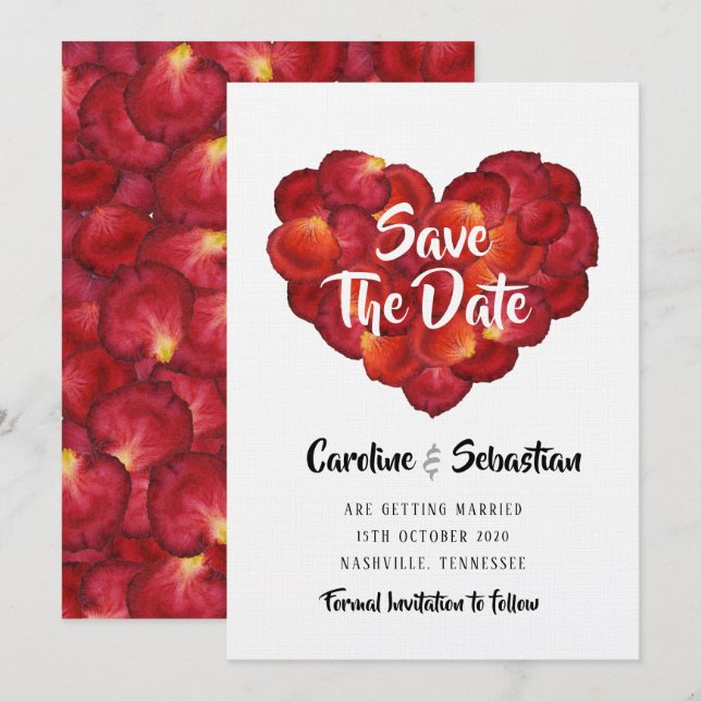 Love Heart Rose Petals Save the Date Card (Front/Back)