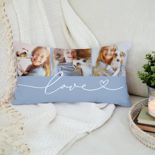 Love Heart Script Chambray Custom 3 Photo Collage Lumbar Cushion