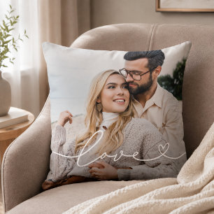Love Heart Script Photo White Text Cushion