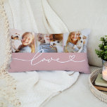 Love Heart Script Rose Pink Custom 3 Photo Collage Lumbar Cushion<br><div class="desc">Modern and stylish custom lumbar throw pillow design features a photo collage of three (3) favourite photos with a simple and minimal white "Love" typography design that includes flourish and heart details. The dusty rose pink and white colours can be modified.</div>