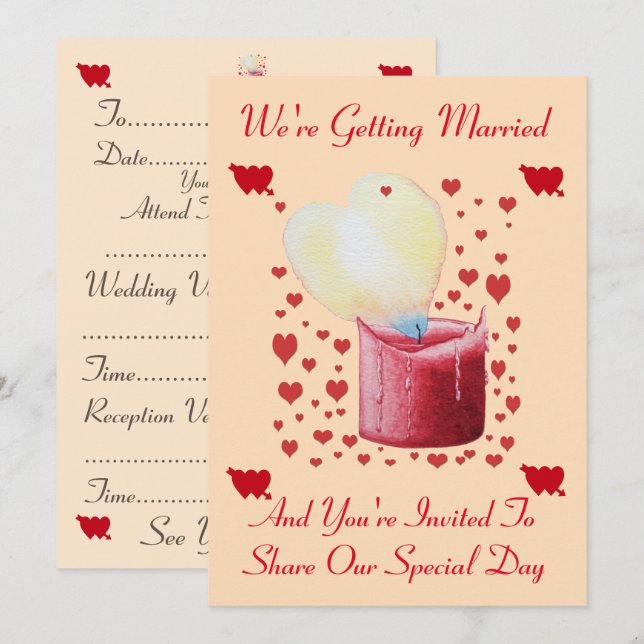 love heart shaped flame red candle wedding invitation (Front/Back)