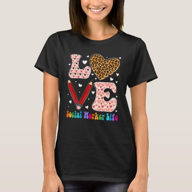 Love Heart Social Worker Life Leopard Plaid Valent T-Shirt (Front)